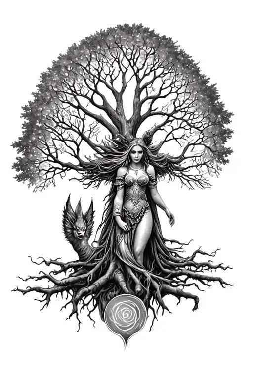 freya norse goddes growing together ygg drasil tree tattoo design idea