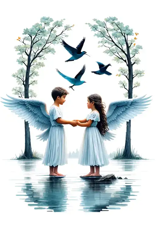 chikd boy girl angels holding hands towards lake with four birds flying above tattoo design idea