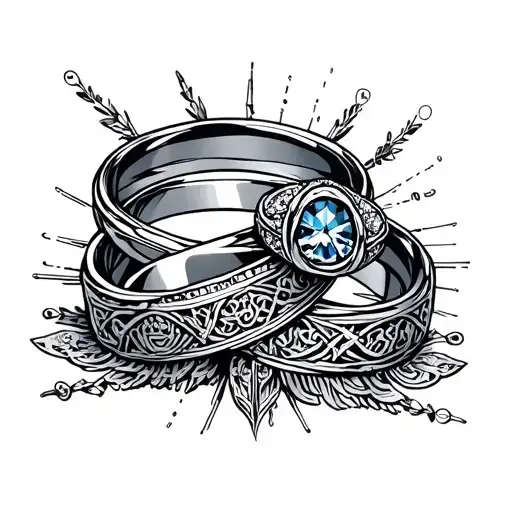 An intricate design of intertwined wedding rings surrounded by apocalyptic elements, reflecting the client's favorite things of aliança and apocalipse tattoo design idea