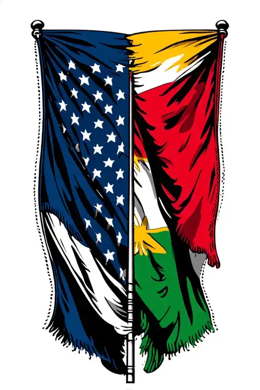 Flagpole with American and Lithuanian flag waving where flags are half color and half black & white diagonally tattoo design idea