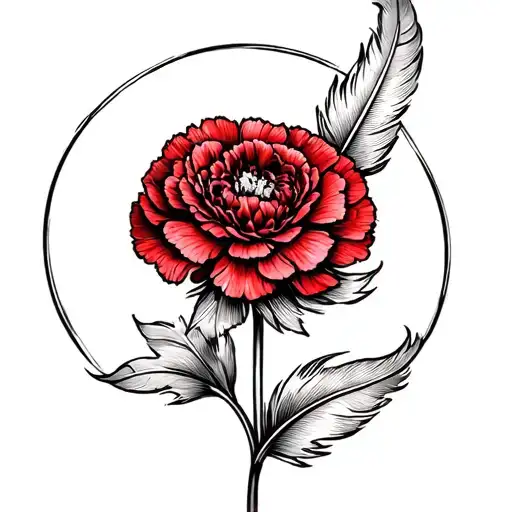 A Feather bending round the stem of a red carnation flower tattoo design idea