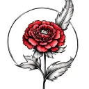 A Feather bending round the stem of a red carnation flower tattoo design idea
