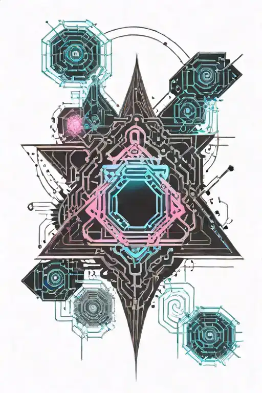 Technological black cyan and pink tattoo design idea