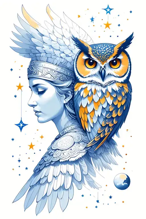 goddess athena and owl with stars and moons constellation background tattoo design idea