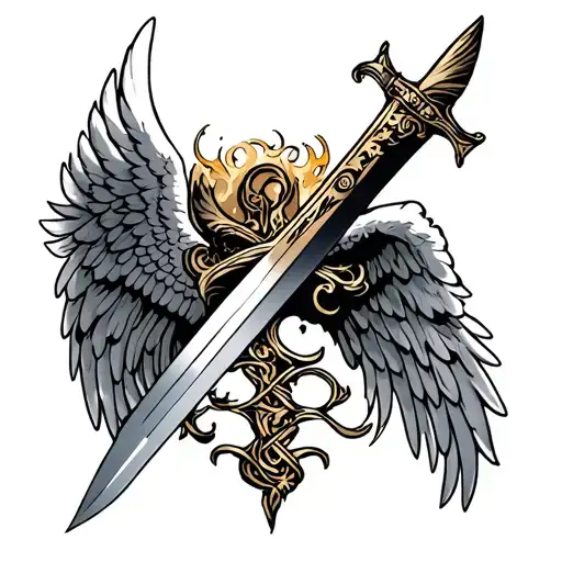 A neotraditional tattoo design featuring a pair of angel wings intertwined with a sword, symbolizing strength and protection tattoo design idea