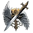 A neotraditional tattoo design featuring a pair of angel wings intertwined with a sword, symbolizing strength and protection tattoo design idea