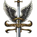 A neotraditional tattoo design featuring a pair of angel wings intertwined with a sword, symbolizing strength and protection tattoo design idea