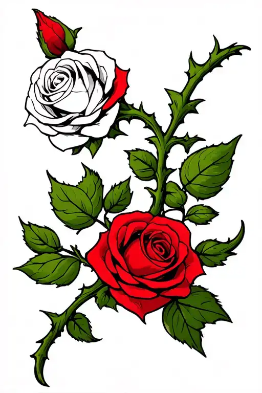 Two twisted thorny rose stems with two Tudor style heraldic roses on top one red petals Lancashire Rose one white petals tattoo design idea