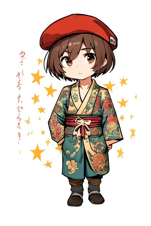 A chibi teenage boy, illustrated style, brown hair, looking at the viewer, short hair, wearing a red beret, starry golde tattoo design idea