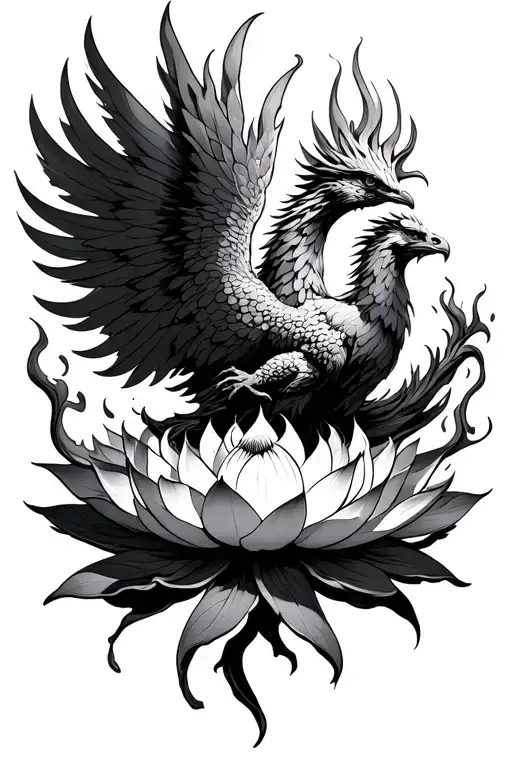 Phoenix rising from ashes of a burning lotus flower tattoo design idea