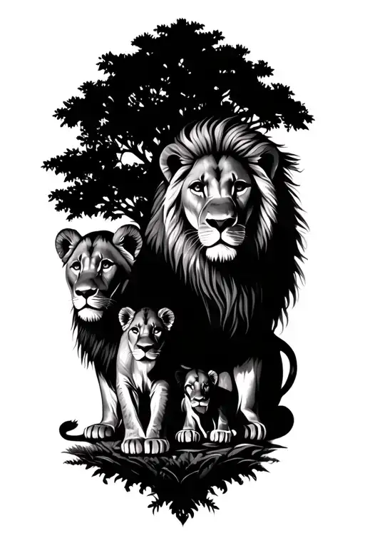 lion, lioness, and 2 cubs. lioness and cubs sitting under a tree tattoo design idea
