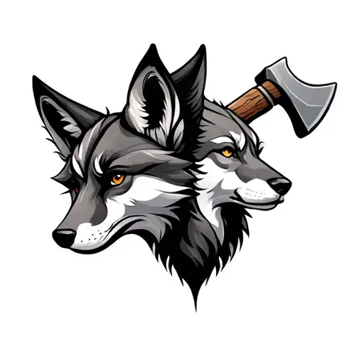 Simple fox and wolf heads back to back with an axe in the back tattoo design idea