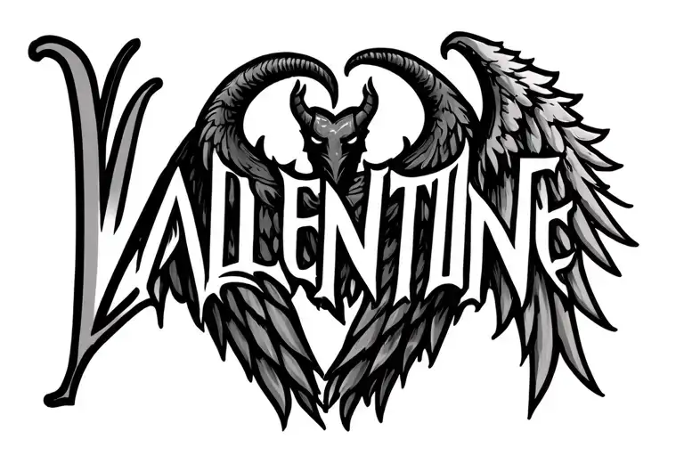 the word Valentine with a wing coming from the V and the devil horn coming from the final e in the word tattoo design idea