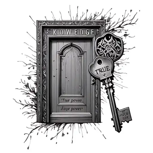 door and key with the key engraved with the words knowledge and the door engraved with the words true power tattoo design idea