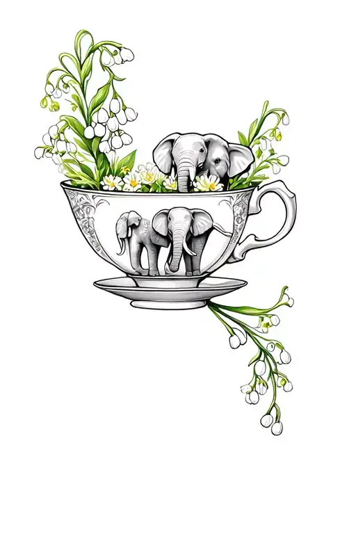 Lily of the valley flowers and sweet William flowers wrapped around a teacup with an elephants on the teacup tattoo design idea