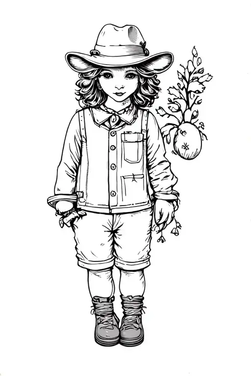 whimsical creatures with clothing and props - soft, illustrative style, vintage woodland storybook aesthetic  tattoo design idea