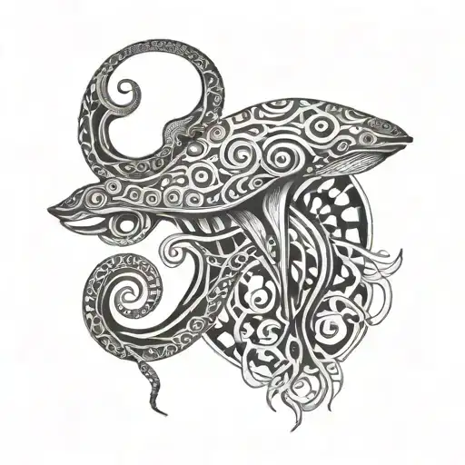 spermwale and squid wrapped tattoo design idea