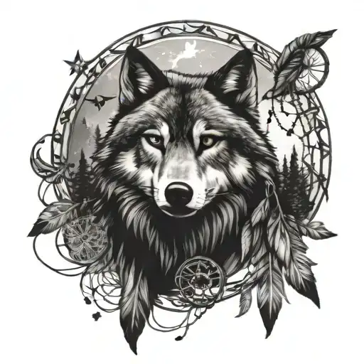 modified wolf; moon; dream catcher; feathers; forest; stars  tattoo design idea