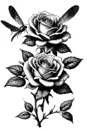 two roses with dragonfly landing tattoo design idea