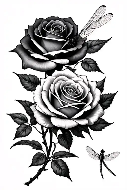 two roses with dragonfly landing tattoo design idea
