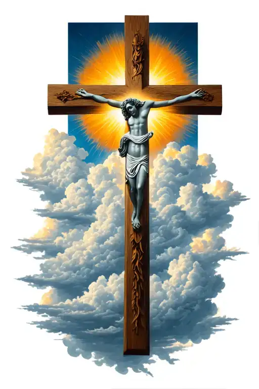 cross surrounded with clouds and sun shining with nothing on the cross tattoo design idea