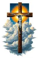 cross surrounded with clouds and sun shining with nothing on the cross tattoo design idea