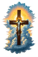 cross surrounded with clouds and sun shining with nothing on the cross tattoo design idea