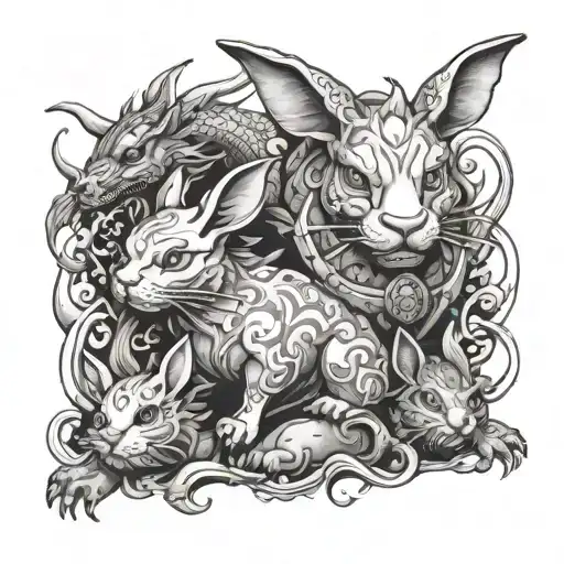 rabbit, dragon, dog, pig tattoo design idea