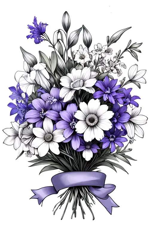 a bouquet of flowers with violet, larkspur, daffodil. snowdrop, Gladiolus, daisy, and ribbon around the middle of bouque tattoo design idea