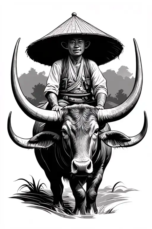 Vietnamese farmer in traditional triangle hat sitting on a water buffalo with big horns tattoo design idea