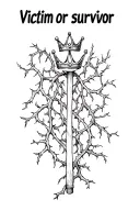 "Victim or survivor" crutch with a crown leaning on it, vines with thorns growing up the crutch tattoo design idea