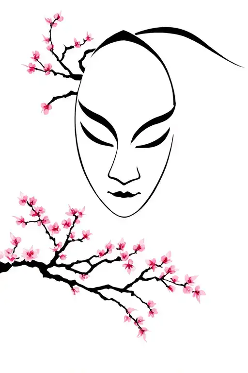 kabuki mask with cherry blossom tree tattoo design idea