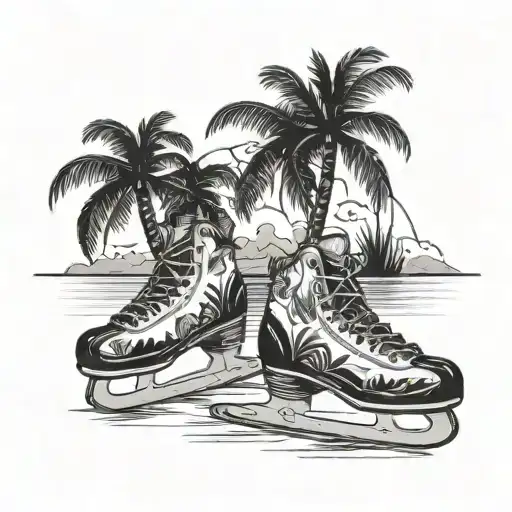 Ice skating on a tropical beach with palm trees tattoo design idea