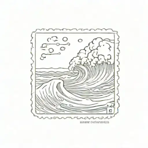 square postage stamp that has the ocean waves tattoo design idea