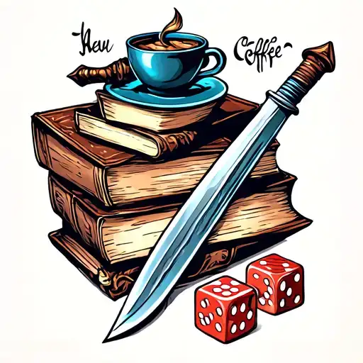 Books, Coffee,  Dice, Sword tattoo design idea