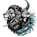 lion head and elephant with fish swimming tattoo design idea