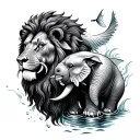 lion head and elephant with fish swimming tattoo design idea