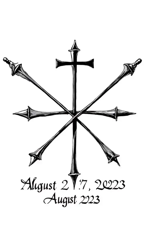 three nails cross with the date august 27, 2023 in roman numerals tattoo design idea