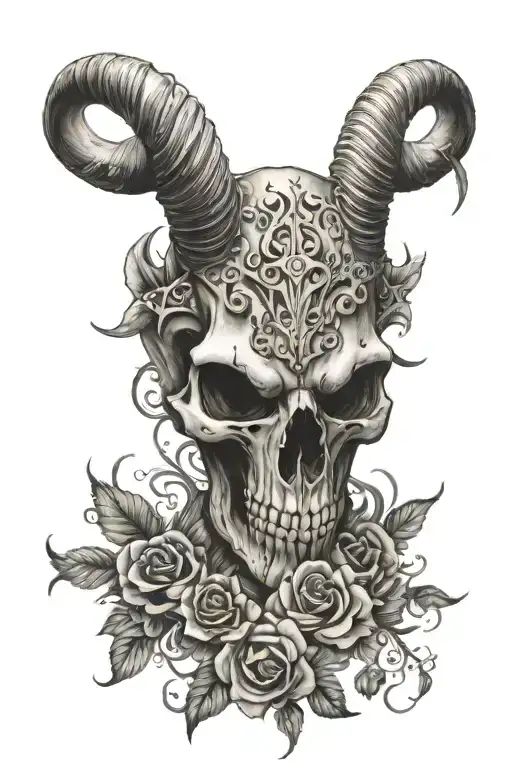 long horn skull surrounded tattoo design idea