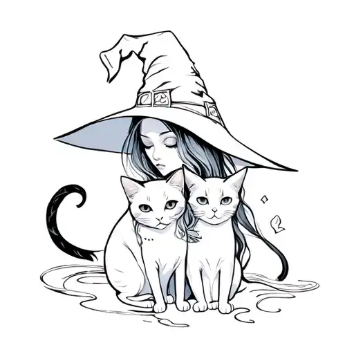one young witch beautiful and mysterious with two cats one boy and one girl and the colors are white and grey with black tattoo design idea