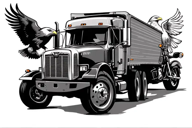 tractor trailer driving next to motorcycle with bald eagle flying and navy symbol tattoo design idea
