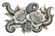 the name Ploxy with roses and snakes wrapped tattoo design idea
