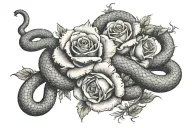 the name Ploxy with roses and snakes wrapped tattoo design idea