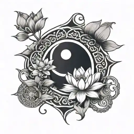 yin yang with endless knot and lotus flower  intertwined  tattoo design idea