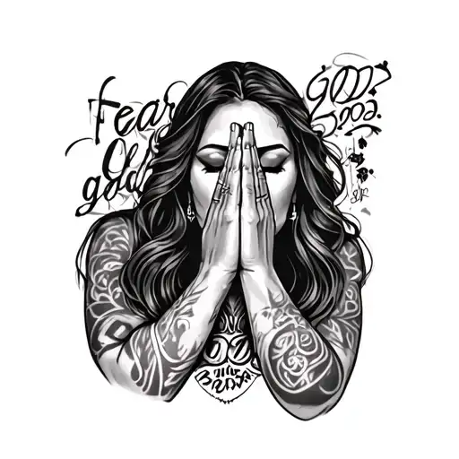Chicano style full leg sleeve tattoo for a woman featuring hands praying, graffiti writing saying “fear god” and "2003" tattoo design idea