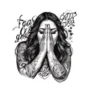 Chicano style full leg sleeve tattoo for a woman featuring hands praying, graffiti writing saying “fear god” and "2003" tattoo design idea