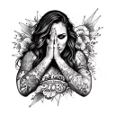 Chicano style full leg sleeve tattoo for a woman featuring hands praying, graffiti writing saying “fear god” and "2003" tattoo design idea