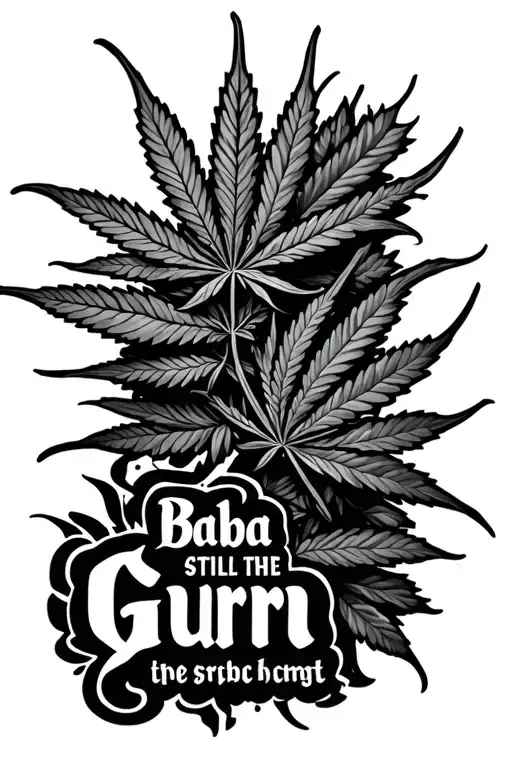 marijuana leaves with long stem, Written Baba is still the Guru in 3 steps tattoo design idea