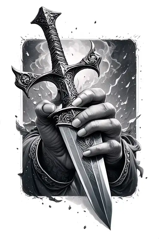 realistic hand dropping thorfinns dagger tattoo design idea