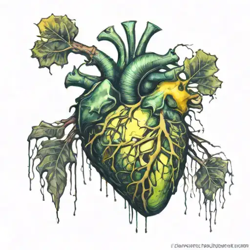 Realistic heart bleeding, black, Dark Green, dark green-Yellow, grey, Veiny Vessels decaying rotting dying moldy tattoo design idea